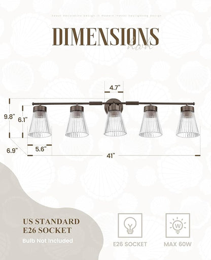 5-Light Bathroom Vanity Light, HWH Farmhouse Vanity Lights for Bathroom Vanity Lamp Oil Rubbed Bronze, Vanity Sconce with Clear Striped Glass, 5HZG97B-5W ORB
