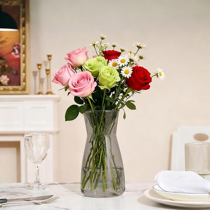 Modern Clear Glass Vase for Centerpiece Table Home Indoor Desk Decor, Decorative Flower Vases for Wedding Reception, Home Decor, Housewarming Gift (Gray)
