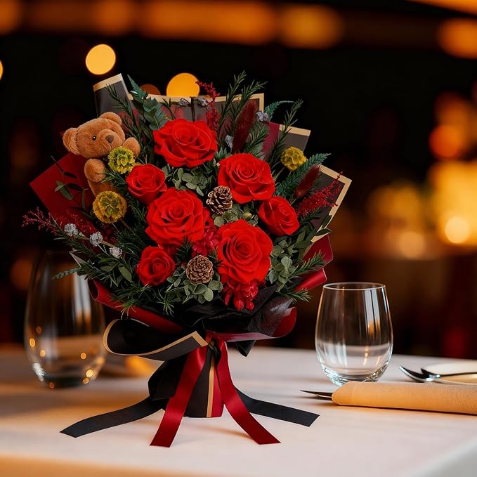 HUACHIPLUS Preserved Bouquet with Bear: Big Flowers Big Love-Romantic Gifts for Her Wife Girlfriend Mom-Flowers for Delivery Prime on Christmas Valentines Day Anniversary Mothers Day Birthday (Red1)
