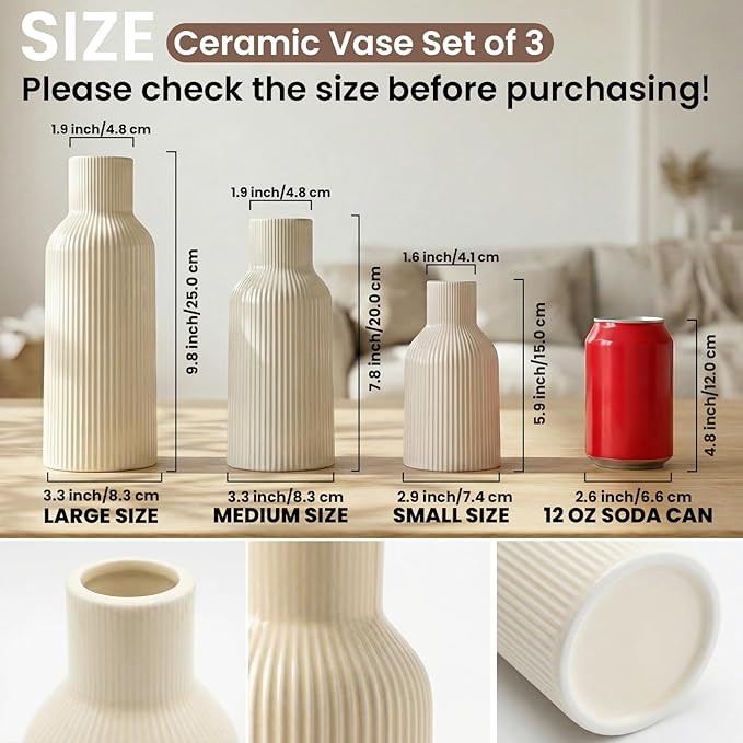 3-Piece Glossy Beige Ceramic Vase Set with Vertical Lines, Minimalist Solid Color Design, Decorative Vases for Shelf, Mantel & Tabletop, Assorted Sizes (9.8"/7.8"/5.9" H)