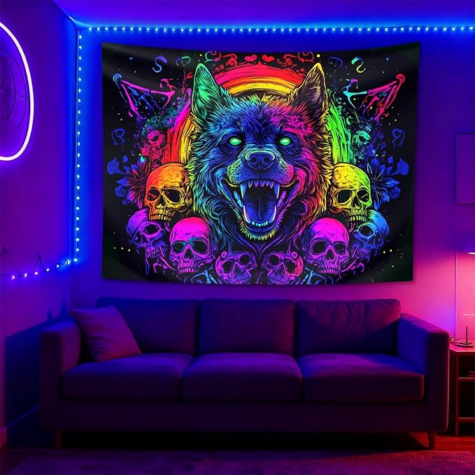 seewan Black Light Wolf Tapestry, Glow-in-the-Dark UV Neon Fierce Wolf and Skull Wall Hanging, Psychedelic Gothic Animal Art Tapestry, Bedroom Dorm Living Room Background Decor
