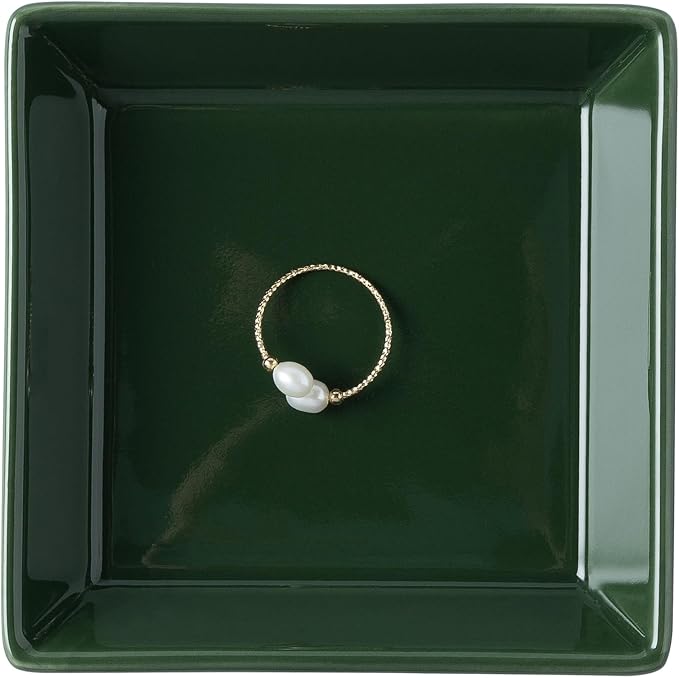 Ceramic Trinket Dish, Ring Tray, Decorative Jewelry Dish for Earrings Necklaces Watch Keys for Women (Dark Green Square)