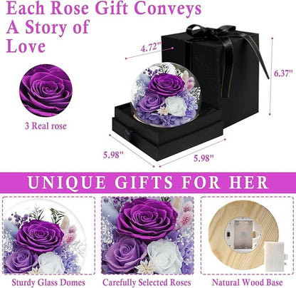 FIACO Gifts for Mom Women Birthday Preserved Flowers in Glass Dome Forever Fresh Flowers for Delivery Eternal Roses Gifts for Grandma Sister Daughter Wife