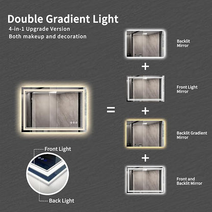 Bathroom Mirror, 44x30 Inch Gradient Front and Backlit Smart Mirror, 3 Colors Dimmable CRI>90 Double Lights, IP54 Enhanced Anti-Fog, Hanging Plates Wall Mount LED Mirror