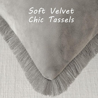 FUTEI Grey Velvet Decorative Throw Pillow Covers 22x22 Set of 2,Soft Cozy Edge with Tassels Cushion Case,Boho Modern Home Decor for Couch Bed Living Room