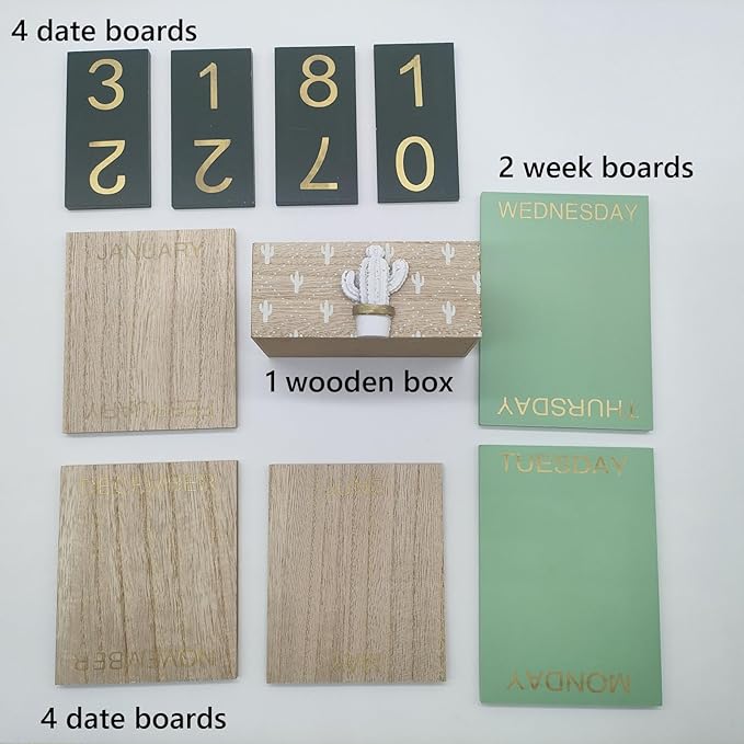 Fresh Cactus Decorated Wooden Calendar (Approximately 4.49 * 2.48 * 5.3 inches) Retro Block Shaped Calendar Desktop Decoration, Suitable for Various Scenarios such as Home and Office Holiday Gifts(Green)