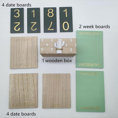 Fresh Cactus Decorated Wooden Calendar (Approximately 4.49 * 2.48 * 5.3 inches) Retro Block Shaped Calendar Desktop Decoration, Suitable for Various Scenarios such as Home and Office Holiday Gifts(Green)