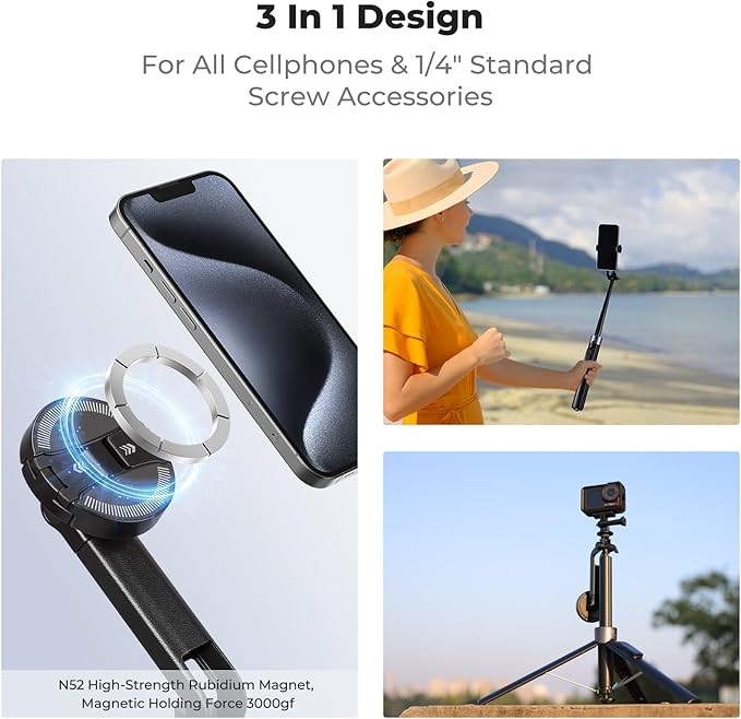 K&F CONCEPT Popod 72" Phone Tripod, 3-in-1 Clip & Magnetic Selfie Stick with Remote, Automatic Phone Tripod Stand, Compatible with iPhone 17-12 Series Android Phones 1/4" Screw Accessories
