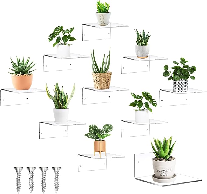 Yalikop 10 Pieces Small Floating Shelves for Wall 4'' Acrylic Mini Wall Shelf Acrylic Display Shelf Clear Hanging Shelves Room Decor for Bedroom, Bathroom, Living Room, Office