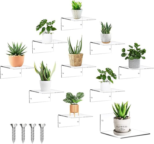 Yalikop 10 Pieces Small Floating Shelves for Wall 4'' Acrylic Mini Wall Shelf Acrylic Display Shelf Clear Hanging Shelves Room Decor for Bedroom, Bathroom, Living Room, Office
