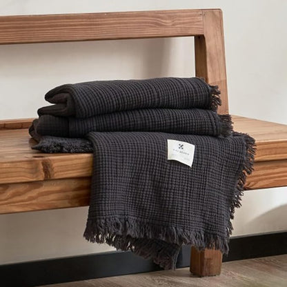 MorroMorn 100% Cotton Muslin Blanket with Fringes Twin Size 60"x80", 4-Layer Gauze Blankets for Adults, Boho Bedding Breathable Lightweight Ultra-Soft for Couch Bed All Seasons, Dark Grey