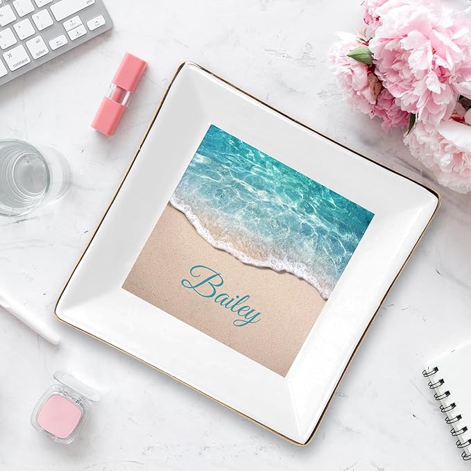 Seaside Pattern Custom Ceramic Jewelry Tray with Name, Personalized Ring Dish Holder for Her, Elegant Trinket Tray Birthday Christmas Wedding Gifts for Mom Mother Sister Friends