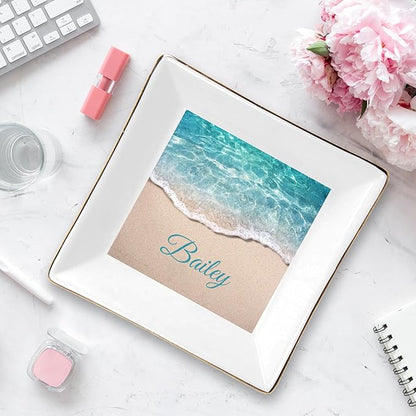 Seaside Pattern Custom Ceramic Jewelry Tray with Name, Personalized Ring Dish Holder for Her, Elegant Trinket Tray Birthday Christmas Wedding Gifts for Mom Mother Sister Friends