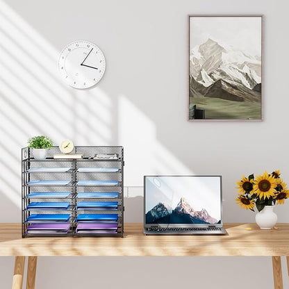 Lavatino 7 Tier Paper Organizer for Desk, Mesh Literature Organizer, Mail File Sorter Tray with Handle, Desktop Mailbox for Office Classroom Home, Black