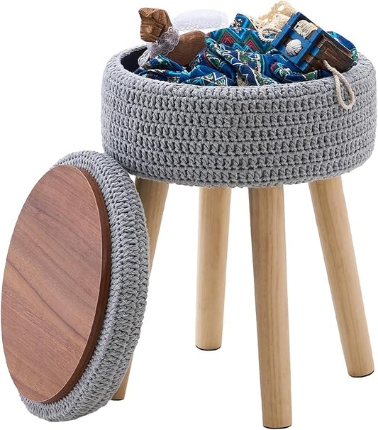 Wimarsbon Pouf Ottoman, 100% Cotton Knitted Boho Footstool, Round Footrest with Non-Skid Wood Legs, Home Décor Handmade Pouffe, Leisure Floor Step Stool for Living Room (High Storage Grey)