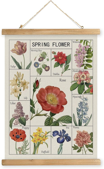 Vintage Spring Flower Poster Print, Botanical Educational Illustration, Rustic Wooden Hanger Frame, Linen Canvas Wall Art Decor, Farmhouse Cottagecore Style for Living Room Bedroom Office (12" x 16")