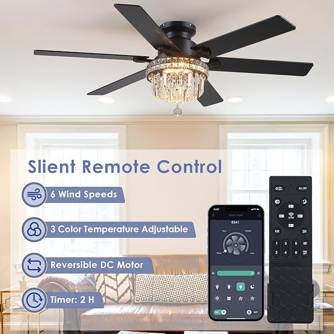 Asyko Crystal Ceiling Fan Fandelier with Lights - 52" Outdoor Fans with Remote Control，Crystal Ceiling Fans Noiseless DC Motor, Retro/Farmhouse Lighting, Dining Room,Living Room