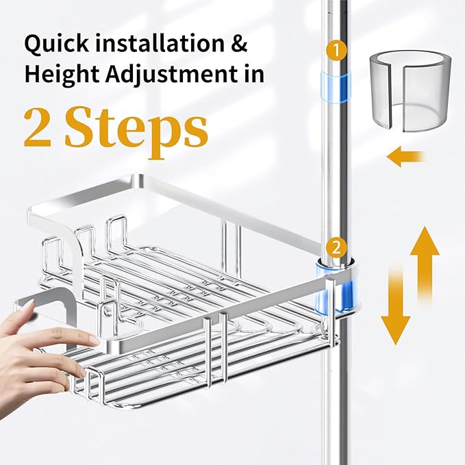 KEGII Adjustable Shower Caddy Corner Tension Pole, Rustproof Shower Rod Organizer with Hooks, Floor to Ceiling Tension Rod 25-114.2 Inch, Bathtub Storage Organizer for Shampoo, 4-Tier Silver