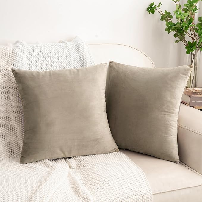 HWY 50 Taupe Velvet Throw Pillow Covers 20x20 Inch, Pack of 2 Soft Cozy Solid Decorative Luxury Cushion Cases for Couch Sofa Bed Living Room Bedroom