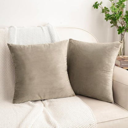 HWY 50 Taupe Velvet Throw Pillow Covers 22x22 Inch, Pack of 2 Soft Cozy Solid Decorative Luxury Cushion Cases for Couch Sofa Bed Living Room Bedroom