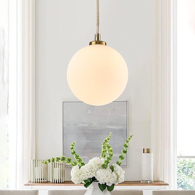Mid Century Modern Chandelier, 1- Light Globe Glass Ceiling Hanging Chandelier, Glod Pendant Light, White Spherical Blackout Bedside Lamp for Bedroom, Kitchen Island, Dining Room, Living Room