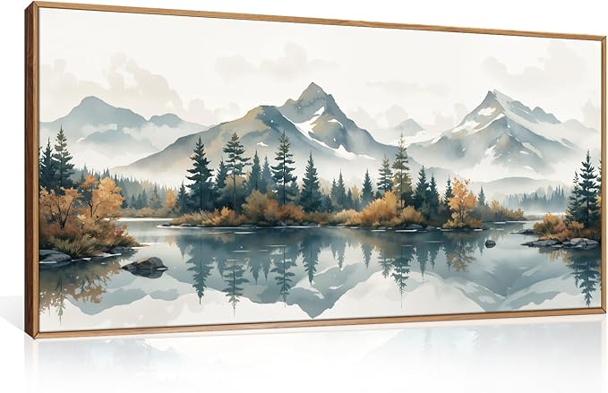 HLNIUC Winter Christmas Mountain Horizontal Wall Art Framed, Large Long White Snowy Forest Decor(20"x40"), Watercolor Nature Lake Foggy Landscape Canvas Painting for Living Room, Bedroom, Office