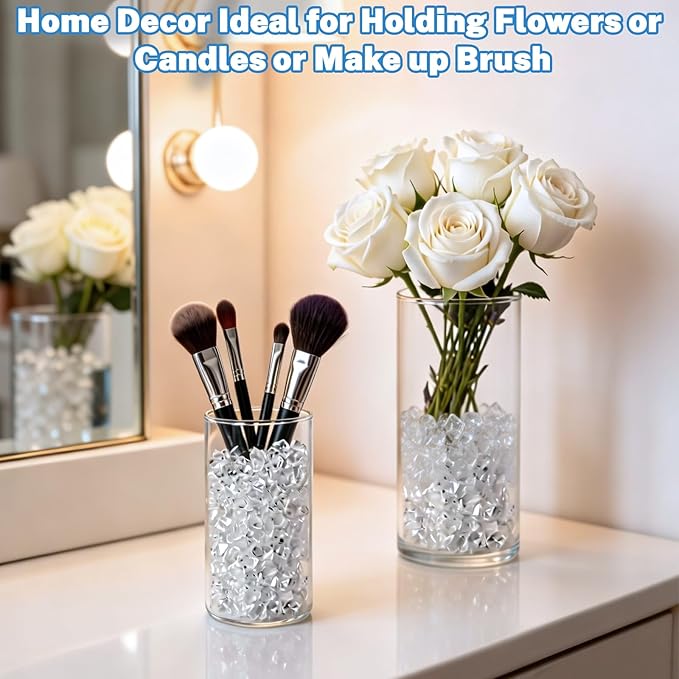 9Pcs Glass Cylinder Vases with Floating Candles for Centerpieces, 1150 Acrylic Fake Ice Cubes 12 Pearl String Vase Filler Floating Candle Holder Centerpieces for Tables Party Event Wedding Home Decor
