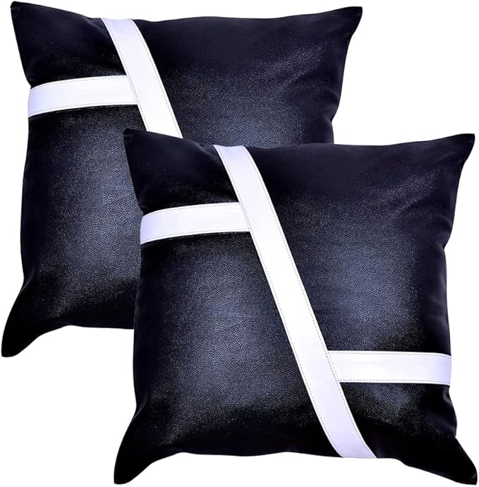Lambskin Leather Pillow Cover - Sofa Cushion Case - Decorative Throw Covers for Living Room & Bedroom, 16x16 Inches - White & Black Pack of 2