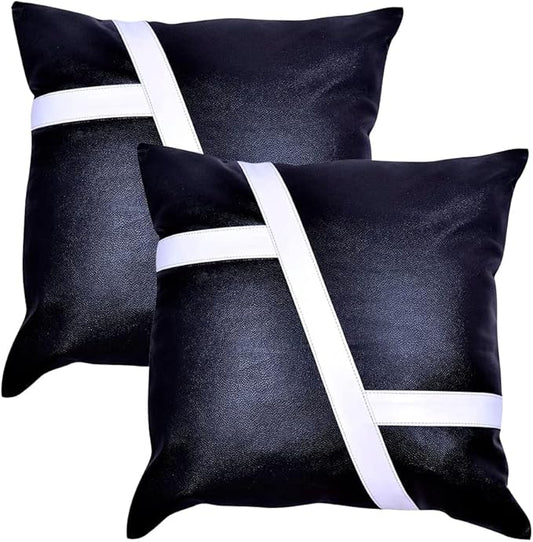 Lambskin Leather Pillow Cover - Sofa Cushion Case - Decorative Throw Covers for Living Room & Bedroom, 16x16 Inches - White & Black Pack of 2