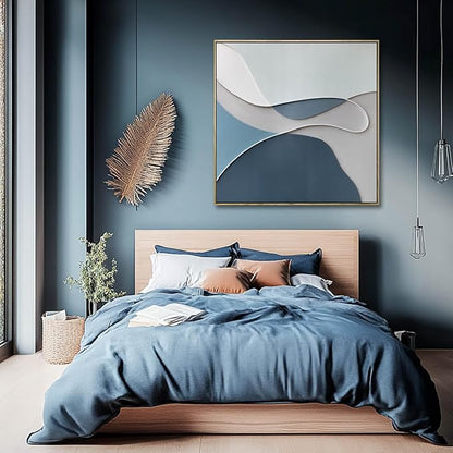 LEVERUP Blue Painting Artwork Canvas Abstract Wall Art Posters for Room Aesthetic Grey Wall Decor for Living Room Bedroom Hotel 36×36 Inch Easy To Hang