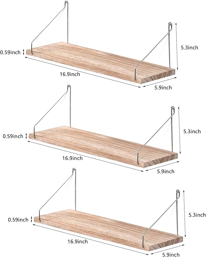 MITIME Floating Shelves Set of 3 Rustic Solid Wood Floating Shelf Wall Storage Shelves for Living Room, Bedroom, Bathroom, Kitchen Laundry, Office,no Drill Shelf(Light Color L+L+L)