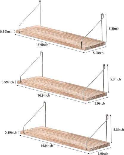 MITIME Floating Shelves Set of 3 Rustic Solid Wood Floating Shelf Wall Storage Shelves for Living Room, Bedroom, Bathroom, Kitchen Laundry, Office,no Drill Shelf(Light Color L+L+L)