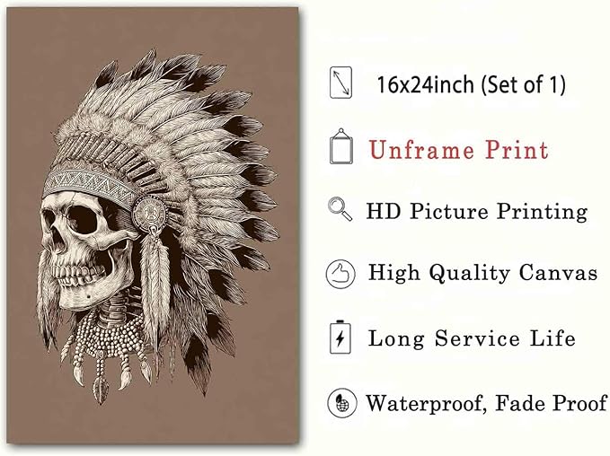 Native American Pictures Indian Chief Painting Skulls And Feathers Wall Art Ethnic Skulls Sheik Wall Art Tribal Indian Chief Poster Skull Pictures Vintage Halloween Living Room Decor 16x24in No Frame
