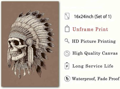 Native American Pictures Indian Chief Painting Skulls And Feathers Wall Art Ethnic Skulls Sheik Wall Art Tribal Indian Chief Poster Skull Pictures Vintage Halloween Living Room Decor 16x24in No Frame