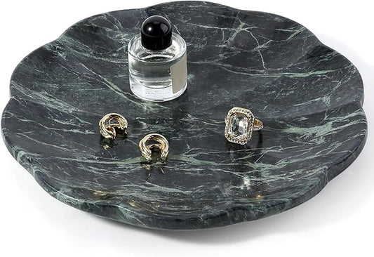 Koville Marble Tray, 8" Round Marble Vanity Tray for Jewelry Trinket Perfume, Natural Stone Tray for Bathroom Kitchen Dresser Countertop, Scalloped Decorative Tray for Home Table Decor(Green)