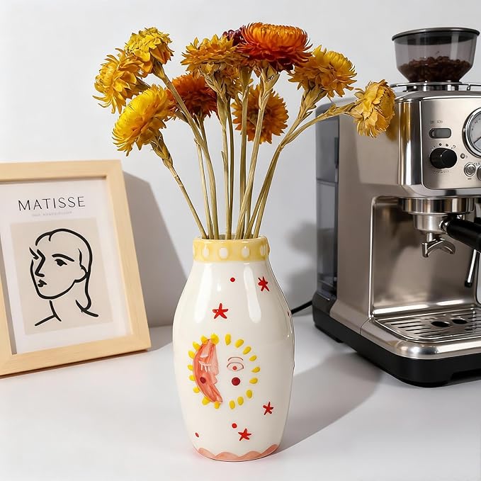Unique Ceramic Vase, Cute Boho Decor, Small Cream Vase for Dried Flowers or Single Bud - Sun and Moon Face Design