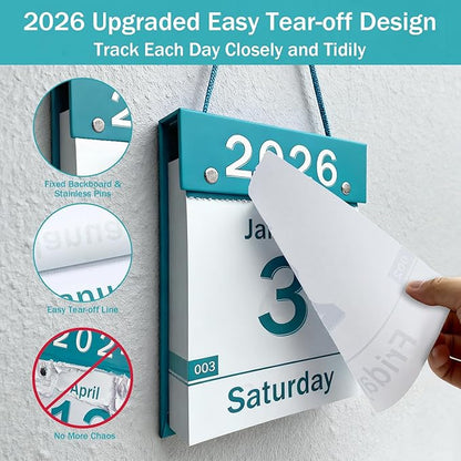 2026 Daily Wall Calendar, Page per Day with Large Print Dates, 365 Day Tear off Wall Calendar for Seniors Gift Home Office School Dorms, 8.5" x 6", Tear Away Calendars with Hanging String, Cyan