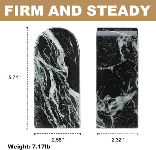 Koville Italian Natural Marble Bookends for Shelves, Decorative Book Ends, 7lbs Heavy-Duty Marble Book Holders, Bookshelf Apartment Decor for Normal Books/CD/Video Games(Verde Remeggiato)