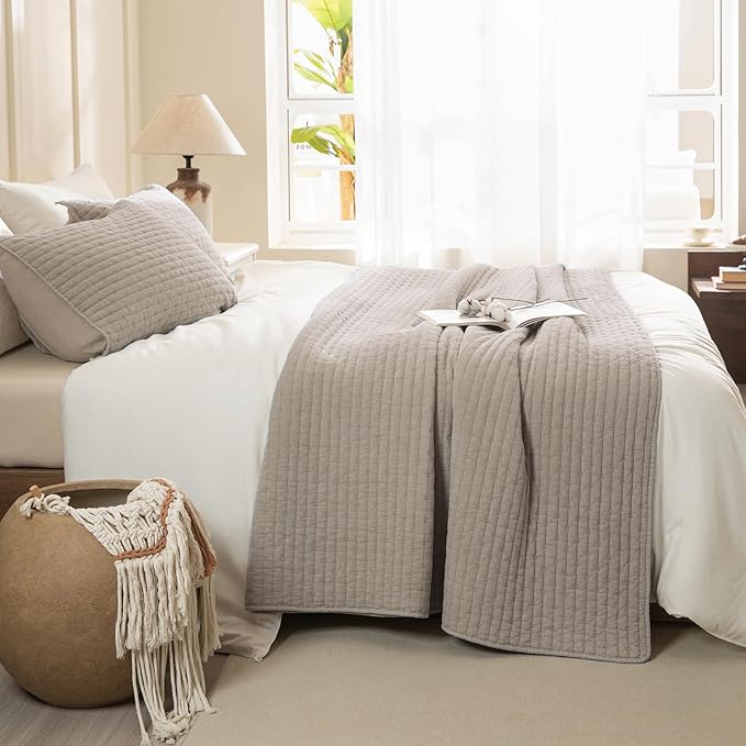 Sanracie Cotton Quilt Set King Size(110"x98"), Linen Colored Ultra Soft Stonewashed Crinkle Quilt Bedspread Set 3Pcs Cross Stitch Pattern Lightweight Breathable Bed Coverlet Set for All Season