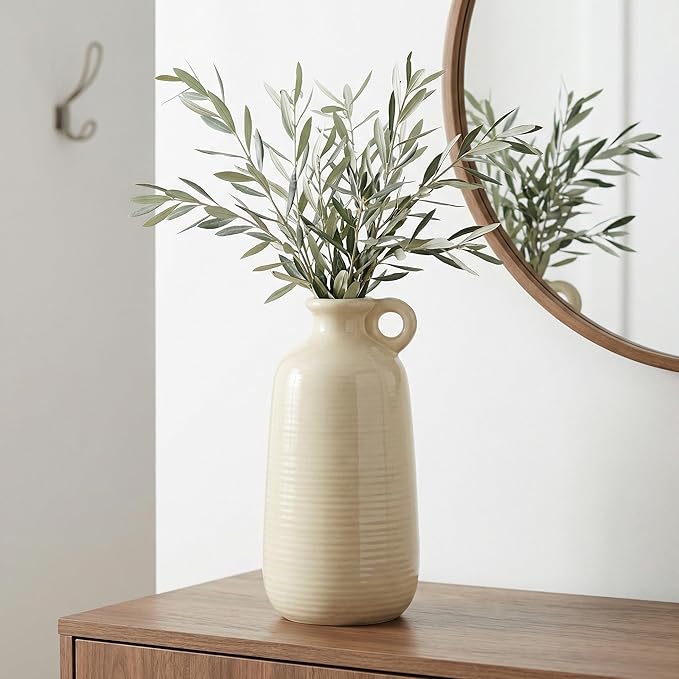 Sunddo Ceramic Flower Vase, 10 Inch Tall Modern Decorative Vase with Handle, Neutral Decor for Entryway, Living Room, Table Shelf, Bookshelf, Mantel Decor