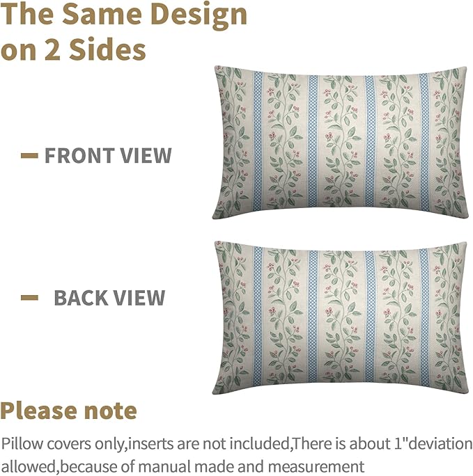 Vintage Floral Pillow Covers 12x20 Set of 2 Striped Boho Decor Blue Green Pillowcases Summer Printed Grand Millenial Throw Pillow Covers Soft Cozy with Zipper for Sofa Bed Chair Home Decoration