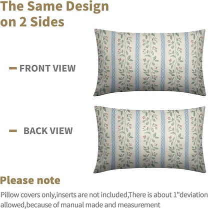 Vintage Floral Pillow Covers 12x20 Set of 2 Striped Boho Decor Blue Green Pillowcases Summer Printed Grand Millenial Throw Pillow Covers Soft Cozy with Zipper for Sofa Bed Chair Home Decoration