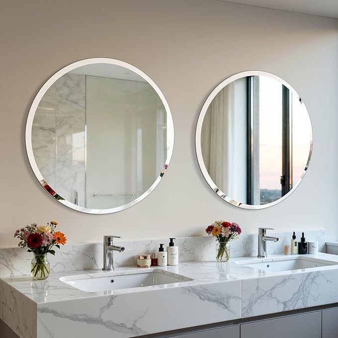 Frameless Round Wall Mirror: Decorative Mirrored Glass Vanity with Beveled Silver Edge for Bathroom Bedroom Livingroom Dining Room Entryway Hallway, 28 x 28 inch