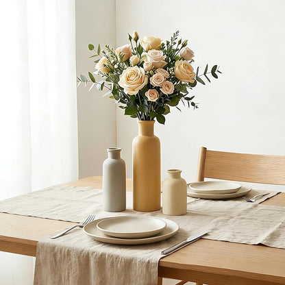 Ceramic Vase Set of 3, Brown Neutral Rustic Vases for Farmhouse Decor, Pampas Grass & Dried Flowers and Table Living Room Home Decor