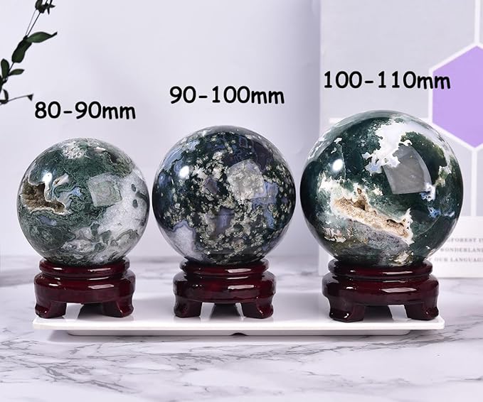 Large Moss Agate Crystal Sphere Natural Healing Crystal Ball with Stand Meditation Decorative Balls Home Decor 90-100mm/3.5-3.9"