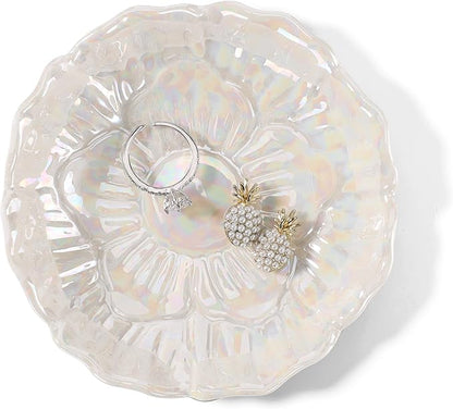 Flower Ring Dish Holder,Jewelry Dish Tray,Small Trinket Tray,Jewelry Plate Bowl,Key Bowl,Decorative Plate,Birtdhay Christmas Gifts for Women Friends,Ceramic Pearl White