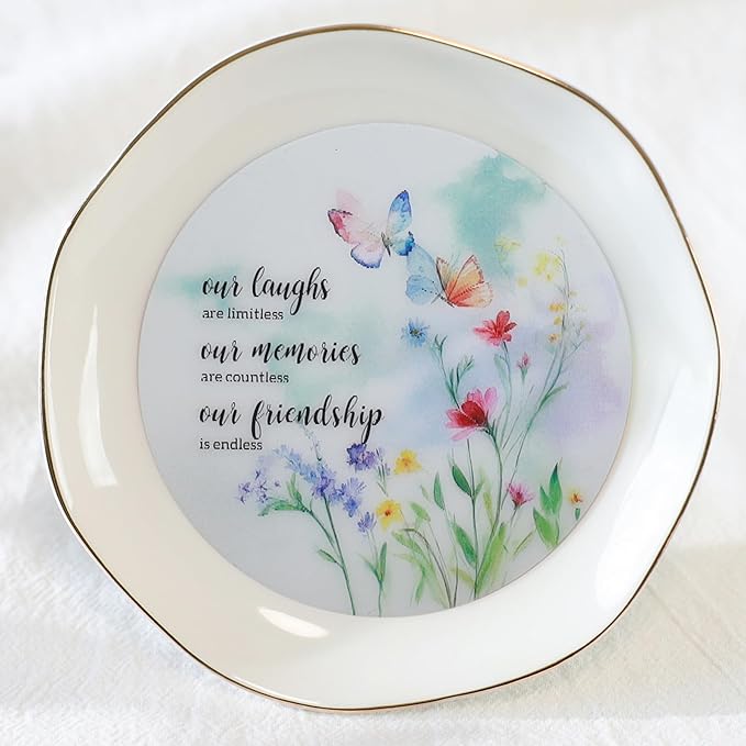 HOME SMILE Friendship Gifts for Women Best Friend Jewelry Ring Dish Tray with Dynamic Butterfly&Flower Pattern Shifts,Our Laughs are Limitless Unique Gifts for Friends Birthday Mother's Day Christmas