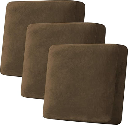 H.VERSAILTEX Velvet Stretch Couch Cushion Cover Plush Cushion Slipcover for Chair Loveseat Sofa Cushion Furniture Protector Seat Cushion Sofa Cover (3 Piece XL Sofa Cushion Covers, Bronze Brown)