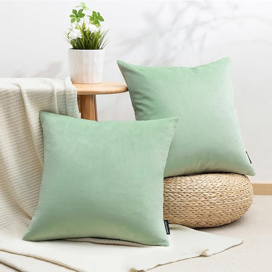 Phantoscope Pack of 2 Velvet Decorative Throw Decorative Pillow Cover Soft Solid Square Cushion Case for Couch Sage Green 18 x 18 inches 45 x 45 cm