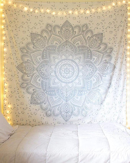 raajsee Glittering Silver Grey Tapestry Wall Hanging Mandala-Bohemian Room Decor-Indian Cotton Throw Hippie Tapestries -Boho Bedding White Golden Queen bedspread 82x92 inches-Meditation Yoga Mat Rugs